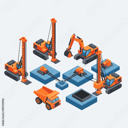 Construction site with excavators and cranes working on building foundations.