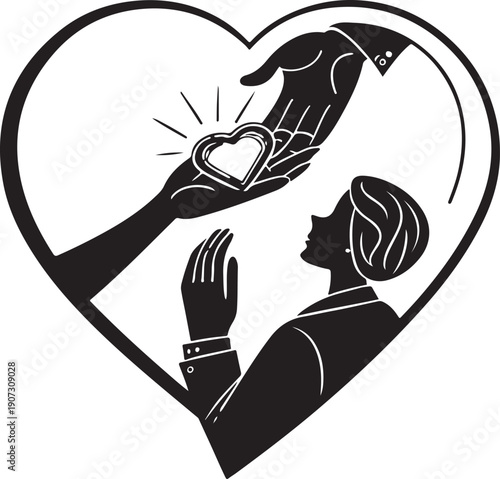 Hand holding engagement ring inside heart silhouette vector minimalist love proposal commitment romantic Valentine black isolated flat illustration