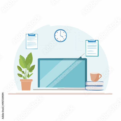 Relaxed Office Moment Vector Illustration Featuring Coffee and Green Plant