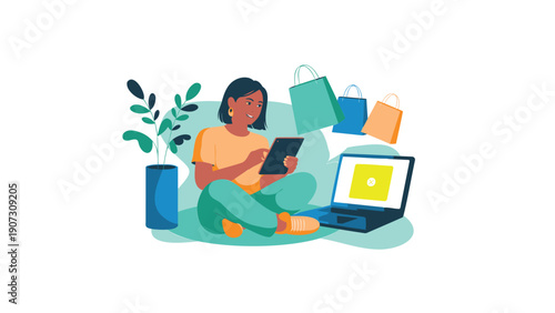 Woman Shopping Online on Laptop and Tablet at Home