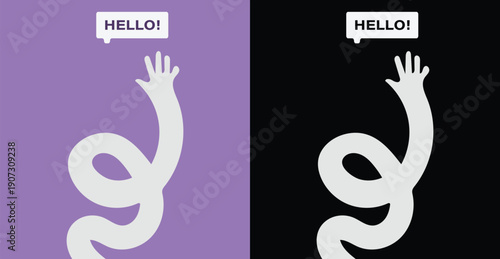 Hello Gestures: A stylized graphic of a whimsical figure with an outstretched hand, accompanied by a speech bubble saying hello, against both purple and black backgrounds.