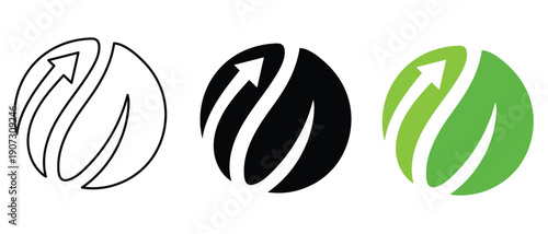 Set of abstract green leaf logo icons with upward arrow symbol for environmental business growth and sustainable development