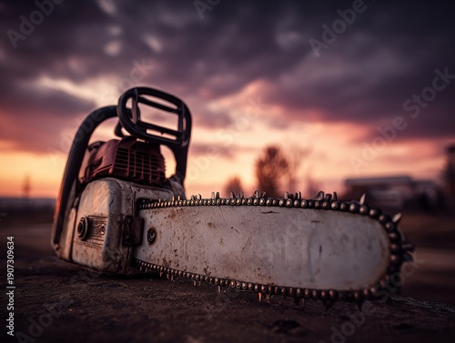Orange chainsaw resting on a log in a forest
