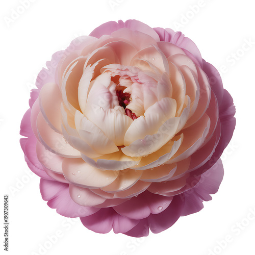 Beautiful pink and white peony flower with water droplets isolated on transparent background