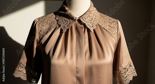 Elegant satin blouse featuring delicate lace detailing displayed on a mannequin form under dramatic lighting.