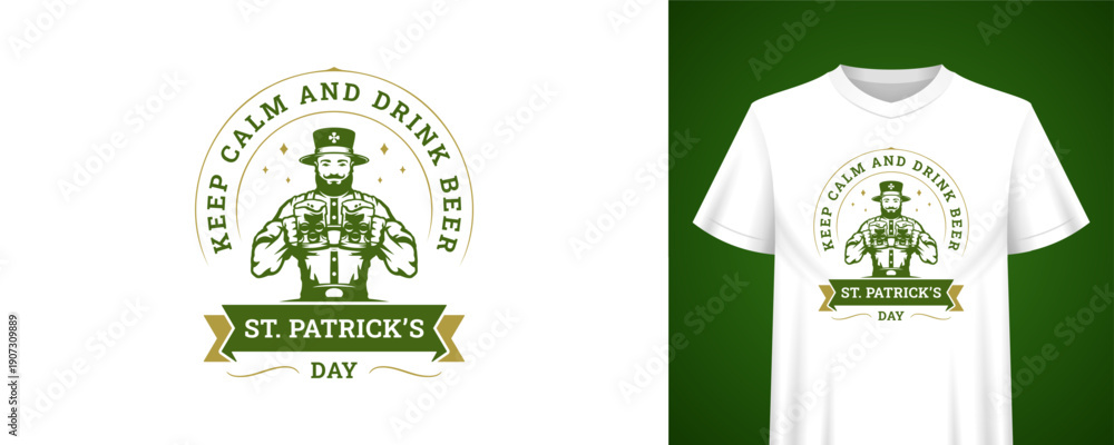 Fototapeta premium St. Patricks Day design with a muscular leprechaun holding beer mugs. Keep Calm quote. Festive Irish holiday greeting. Vintage monochrome badge vector illustration template for celebration