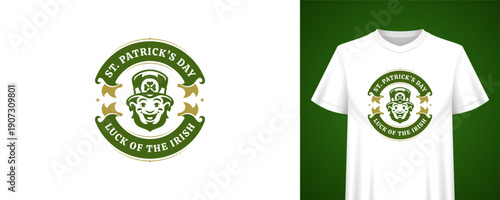 Saint Patrick's Day t-shirt design with a smiling leprechaun. Festive Irish holiday badge vector illustration template perfect for celebrating the popular event with typography