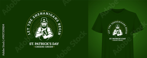 Saint Patrick's Day t-shirt print with a bearded man holding a beer bottle. Festive Irish holiday badge for celebrating the popular event. Creative vector illustration template with typography