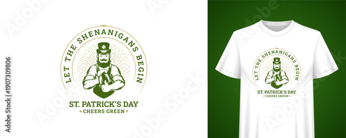 Saint Patrick's Day t-shirt design with a bearded man holding a beer bottle. Festive Irish holiday badge for celebrating the popular event. Creative vector illustration template with typography