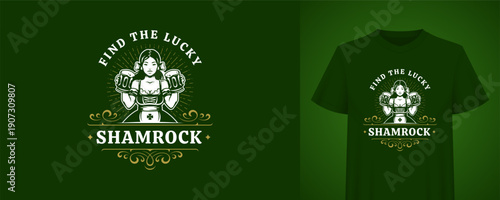 Saint Patrick's Day t-shirt print with a beautiful woman holding beer mugs. Festive Irish holiday badge for celebrating the popular event. Creative vector illustration template with typography