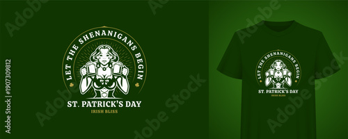 Saint Patrick's Day t-shirt print design with a woman holding beer mugs. Festive Irish holiday badge for celebrating. Creative vector illustration template with typography