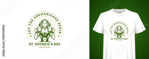 St Patricks Day greeting card vector illustration. Vintage style emblem with beautiful girl holding beer mugs. Holiday party label template for t-shirt print, poster, or pub celebration