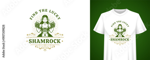 Saint Patrick's Day t-shirt design with a beautiful woman holding beer mugs. Festive Irish holiday badge for celebrating the popular event. Creative vector illustration template with typography