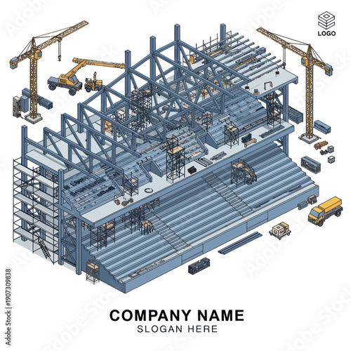 Industrial Construction Site with Cranes and Workers.