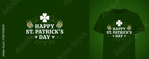 St. Patricks Day design with beer mugs and a four leaf clover for a t-shirt print. Festive holiday greeting. Vintage retro badge vector illustration template for a happy celebration