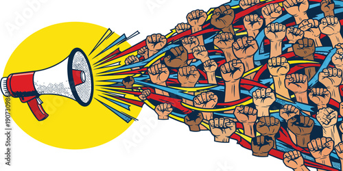 Megaphone Exploding Protest Crowd Raised Fists Activism Illustration