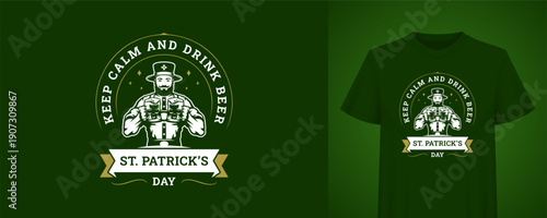 St. Patricks Day design with a leprechaun character holding beer. Keep Calm quote. Festive Irish holiday greeting. Vintage retro badge vector illustration template for a happy celebration