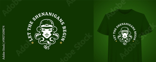 St. Patricks Day design with a beautiful female leprechaun character. Let The Shenanigans Begin quote. Festive Irish holiday greeting. Vintage monochrome badge vector illustration template