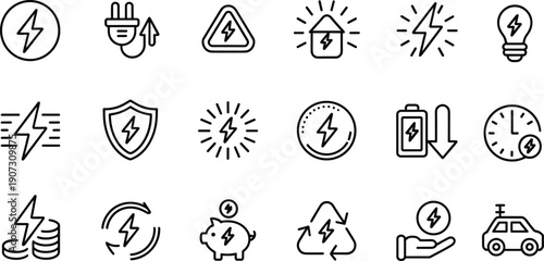 Modern energy and electricity line icon set featuring power, charging, battery, renewable resources, savings, protection, smart home, and electric vehicle symbols