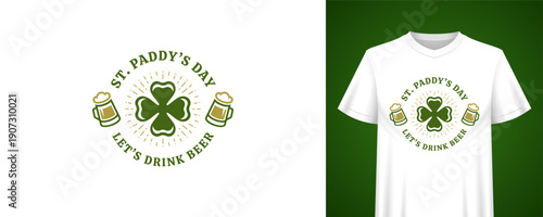 Retro St. Paddy's Day badge with clover and beer mugs. Typographic t-shirt print for Irish holiday party. Festive graphic vector illustration template for poster or label