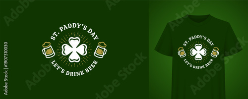 Vintage St. Paddy's Day badge with clover and beer mugs. Typographic t-shirt print for Irish holiday party. Retro festive graphic vector illustration template for poster or label