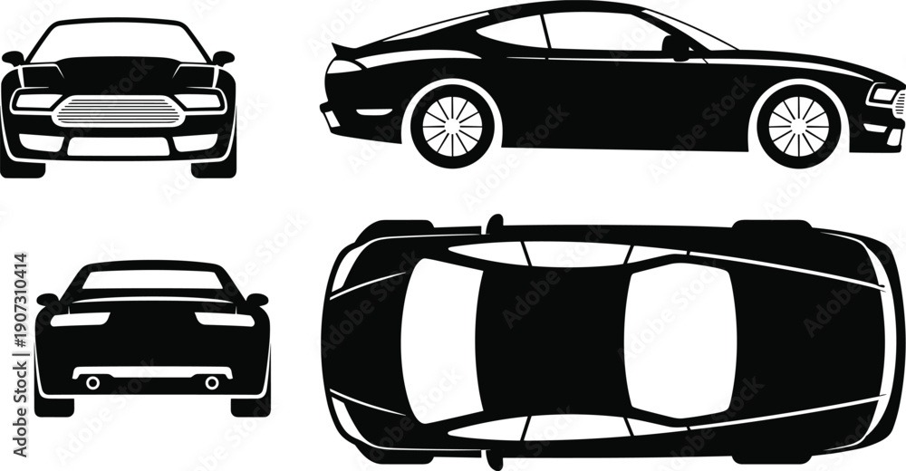 Obraz premium Black sports car silhouette set from multiple views including front side rear and top angles, modern vehicle outline vector illustration isolated on white background