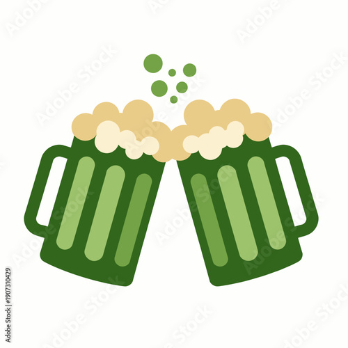 Two Green Beer Mugs Overflowing with Frothy Foam Raised in a Cheerful Celebration Toast Against a Simple White Background with Bubbles Floating Upward