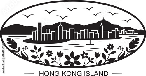 Hong kong island black white silhouette vector design, skyline, city buildings, boat, flowers
