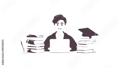 Student Studying on Laptop with Books and Graduation Cap