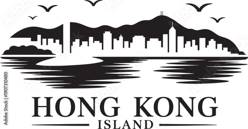 Hong kong island skyline cityscape with mountains and birds flying above