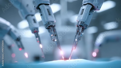 Multiple robotic surgical instruments operate with laser precision on patient, showcasing future minimally invasive surgery. Scene highlights cutting edge healthcare, technological progress