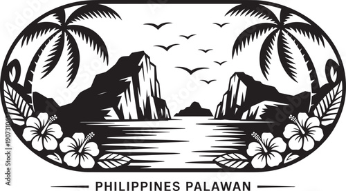 Palawan island philippines landscape with tropical palm trees hibiscus flowers and coastal cliffs