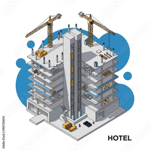 Isometric Hotel Building Under Construction Site.