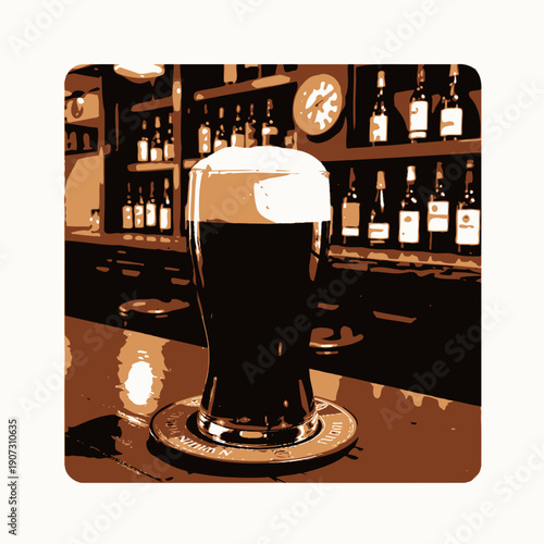 Rich and creamy stout beer in a pint glass with frothy head served on a wooden bar counter in a cozy dimly lit pub with bottles of spirits in the background