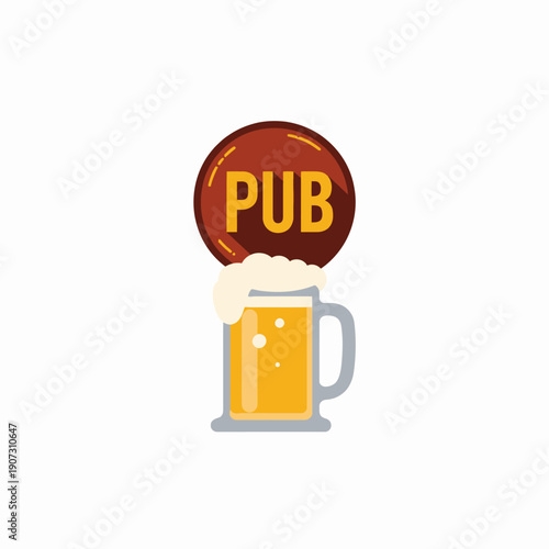 Illustration of a frothy beer mug with foam under a round pub sign symbolizing social gathering and relaxation