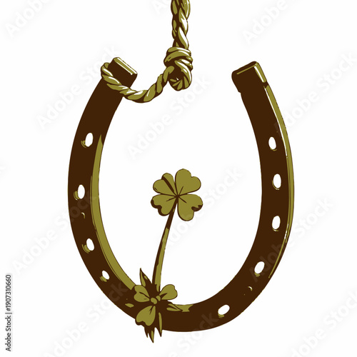Illustration of a Wooden Horseshoe Hanging by Rope with a Four-Leaf Clover for Luck and Protection on a White Background