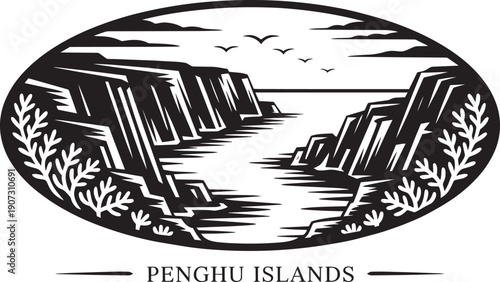 Penghu islands coastal landscape with basalt cliffs ocean waves flying birds and coral greenery