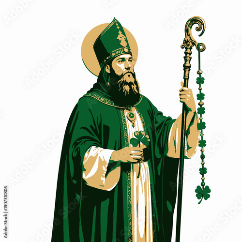 Saintly Figure in Green Robe Holding Shamrock and Staff with Halo - Symbol of Luck and Heritage in Historical Attire