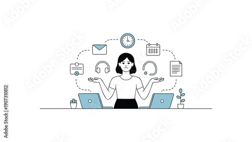 Multitasking Woman Working on Laptop with Various Icons