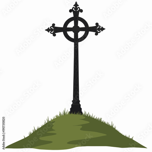 Intricately Designed Celtic Cross Standing Solemnly on a Grassy Mound Against a Clear Sky Backdrop