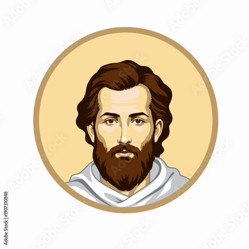 Artistic illustration of a bearded man with long hair in a circular frame featuring warm tones and detailed styling