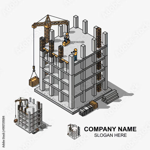 Building Construction Site with Crane and Workers.