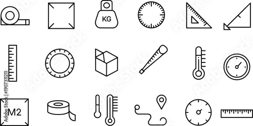 Modern measurement and engineering line icon set featuring ruler, scale, weight, thermometer, gauge, geometry tools, packaging, and industrial dimension symbols