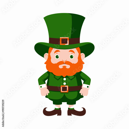 Cheerful cartoon style illustration of a leprechaun character dressed in a traditional green outfit and tall hat, standing with a playful expression on a white background