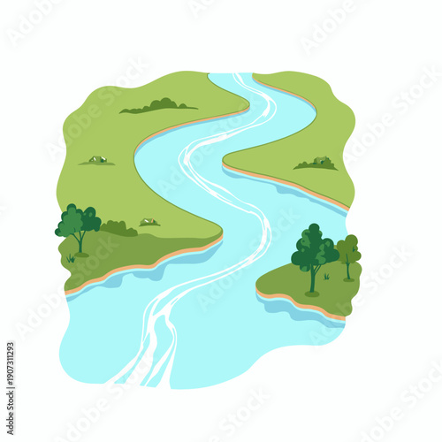 Scenic illustration of a meandering river flowing through lush green landscapes with scattered trees and small hills under a clear blue sky