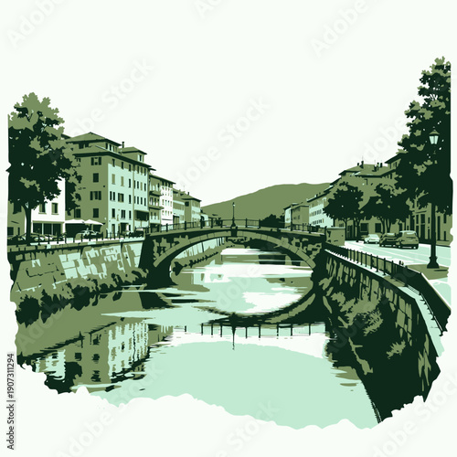 Scenic Urban Canal with Historic Bridge and Waterfront Buildings Under Clear Sky with Lush Greenery Reflecting in Tranquil Waters