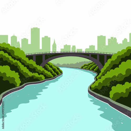 Scenic bridge spanning across a serene river flanked by lush greenery, with a backdrop of a modern city skyline under a clear blue sky