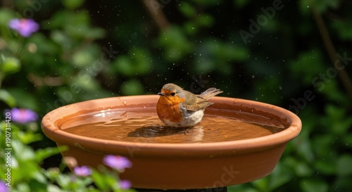 A robin bird taking a refreshing bath in a terracotta birdbath