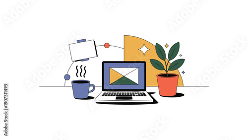 Laptop with Email on Screen Surrounded by Office Items