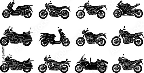 Silhouette Vector Set of Various Motorcycles Featuring Sport Bikes Scooters Cruisers and Touring Motorbikes for Automotive and Transportation Design Projects
